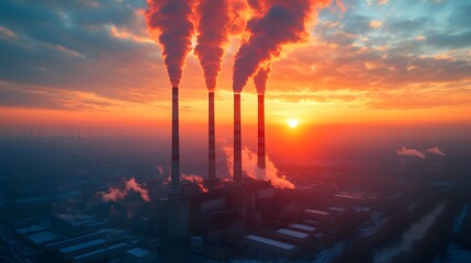 Obraz premium Industrial power plant with tall smokestacks stands against vibrant blue sky, dramatic emissions glow in golden sunlight, showcasing energy production and environmental impact in cinematic sunset.