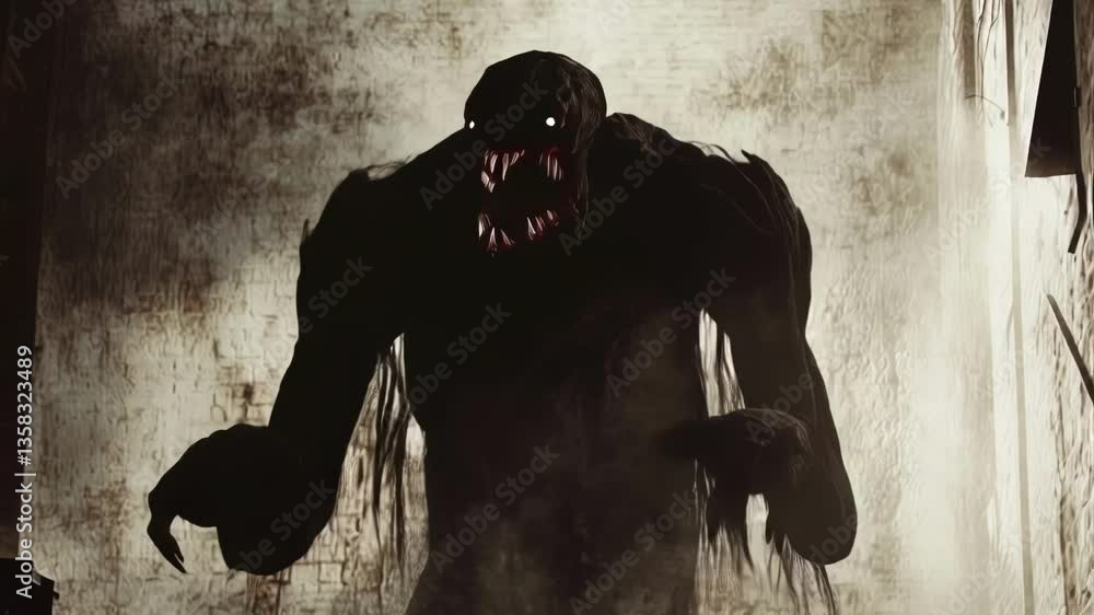 Aufkleber dark silhouettes of trash bins and brick walls frame a scene where a monstrous creature partially tr