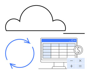 Cloud outline, refresh arrows, spreadsheet on monitor, and calculator elements. Ideal for cloud computing, data synchronization, finance, remote work automation software productivity. Flat simple