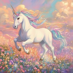 Art Cartoon Unicorn Scene Colors Pastel Field Flowers