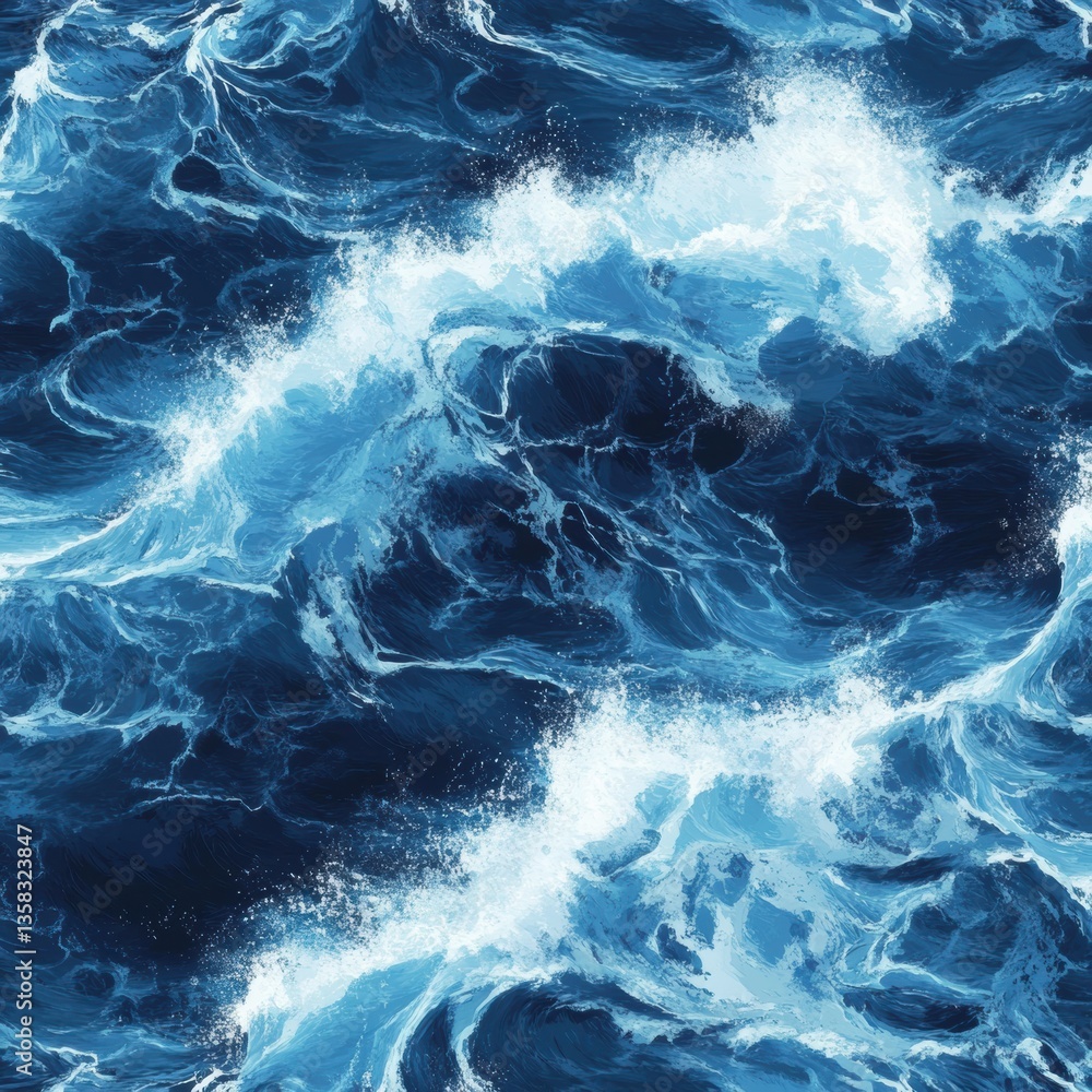 Poster seamless ocean wave pattern with dynamic blue waters and serene whitecaps in a calming design for re