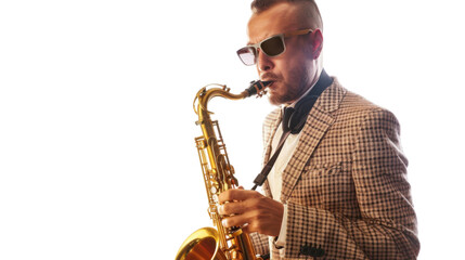 Naklejka premium Musician playing saxophone on transparent background