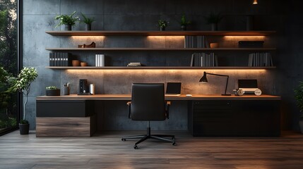 Minimalist home office features wooden desk with black chair, concrete wall, and floating shelves, warm lamp and leather accessories create moody, professional workspace with clean lines.