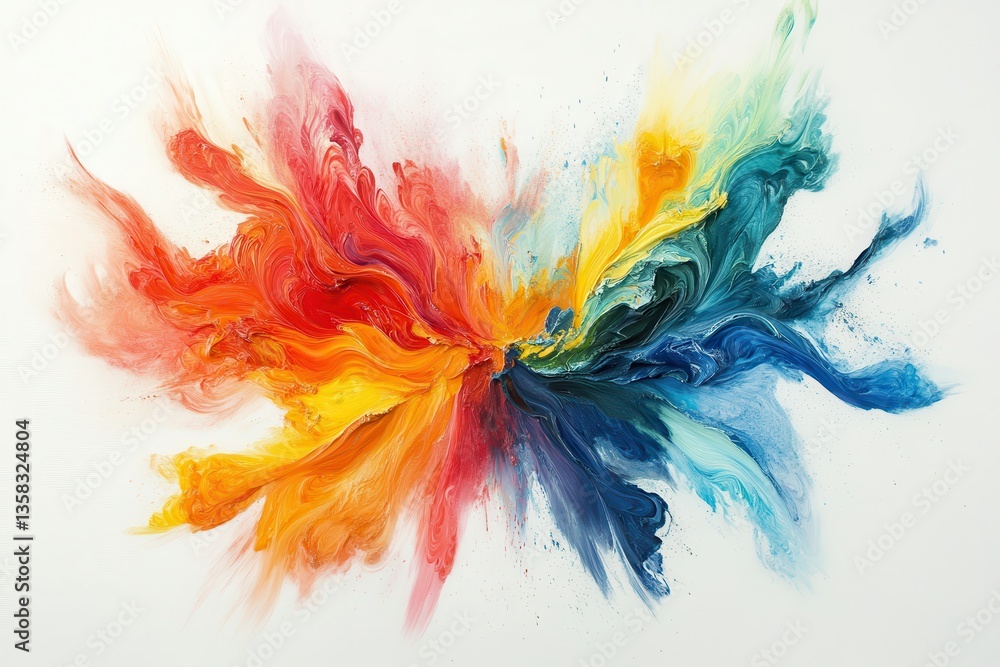 Poster Vibrant explosion of colors on white canvas created through abstract splatter art showcasing dynamic movement and energy