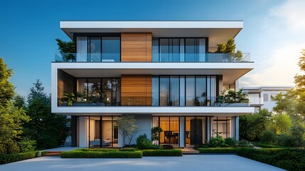 Fototapeta premium Modern residential building boasts sleek glass facades, geometric balconies, and rooftop garden, wood accents and minimalist landscaping enhance luxury condominium against blue sky backdrop.