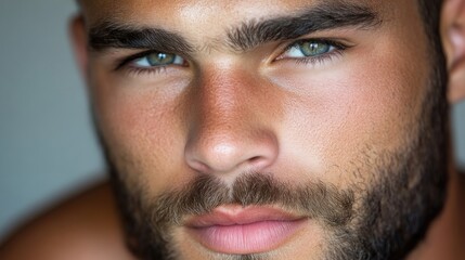 Obraz premium Close-up portrait of a man with a serious expression. Intense gaze and well-defined facial features