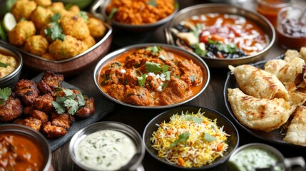 Obraz premium Varied Indian Dishes on Dark Wooden Table