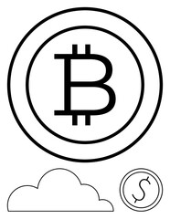 Bitcoin emblem inside a circle, dollar coin, and a cloud outline combining the themes of blockchain, finance, and technology. Ideal for cryptocurrency, fintech, digital cloud storage, virtual money