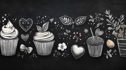 Deliciously decorated cupcakes with floral and heart designs on a chalkboard backdrop during a cozy afternoon