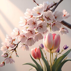 Close-Up of Cherry Blossoms, Tulips, and Wildflowers in Soft Natural Light