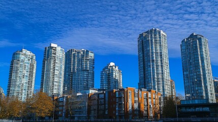 Fototapeta premium Modern City Skyline with Tall Glass Skyscrapers under a Blue Sky