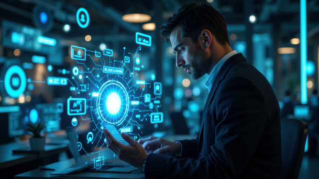 professional man interacts with digital interface, showcasing technology and data visualization in modern office environment