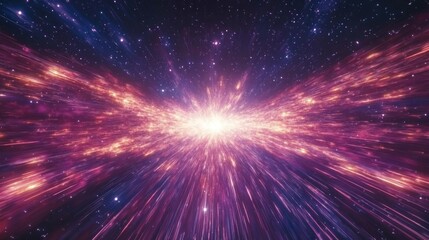 Obraz premium Cosmic energy explosion. Vast expanse of space filled with vibrant streaks of light radiating outward from a brilliant central point. A profusion of stars and nebulae