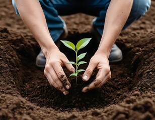 Planting Seedling in Fertile Soil Representing Environmental Sustainability and Growth
