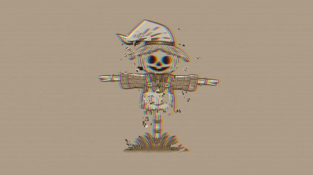 scary cartoon scarecrow with glitch effect