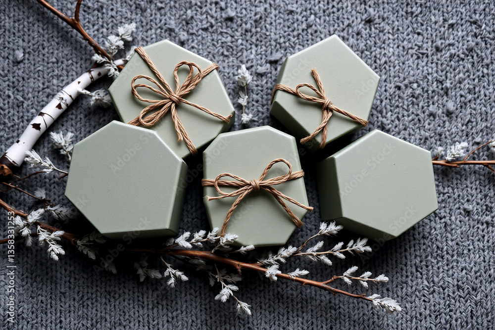 Poster sage green hexagonal boxes, some tied with twine, are arranged on a textured grey surface alongside 