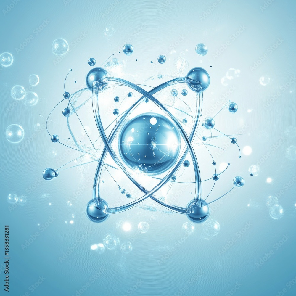 Poster abstract blue atom structure with orbiting electrons, science and technology concept
