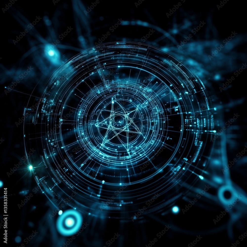 Poster Abstract Techno-Futuristic Design: Glowing Blue Network with Geometric Shapes and Data Visualization on Black Background