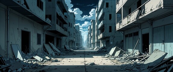 cartoon Darkened alleys of an abandoned city with scattered debris anime illustration art design