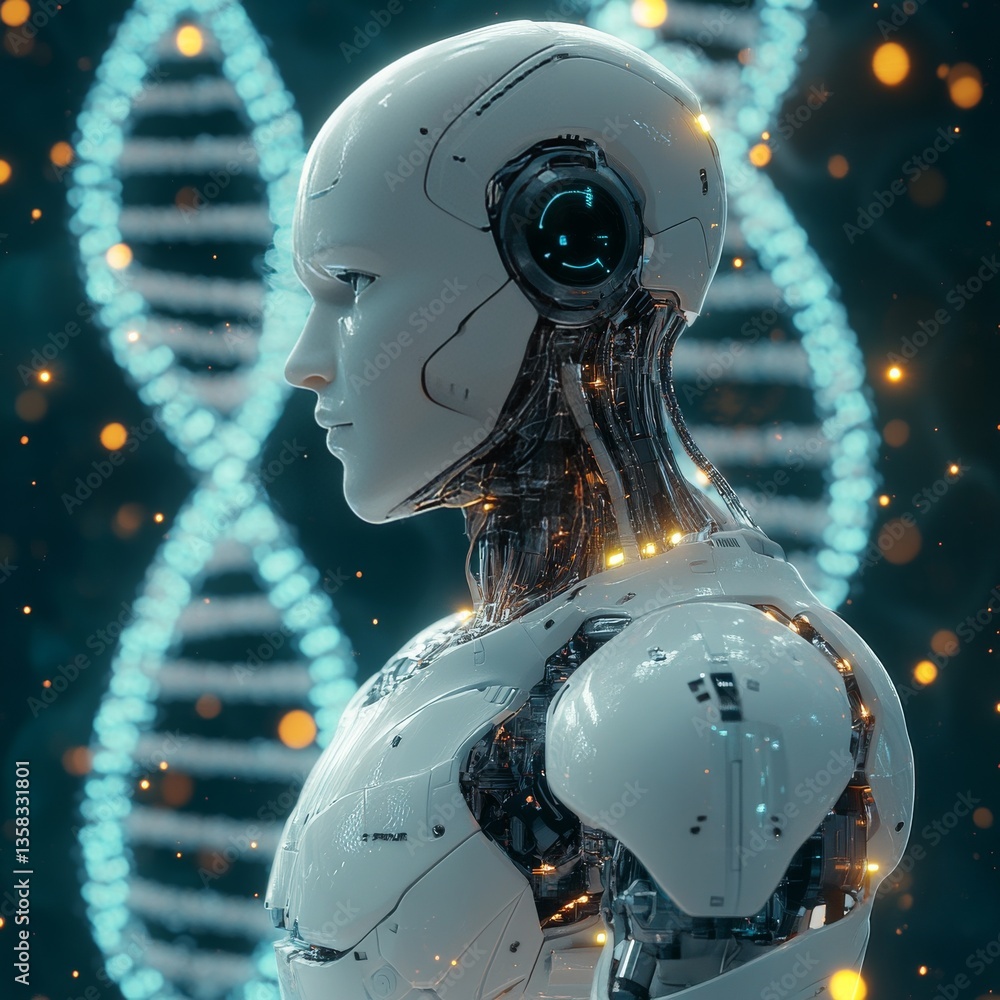 Poster Artificial Intelligence and DNA: A futuristic vision of robotics, genetics, and the convergence of technology and life sciences.