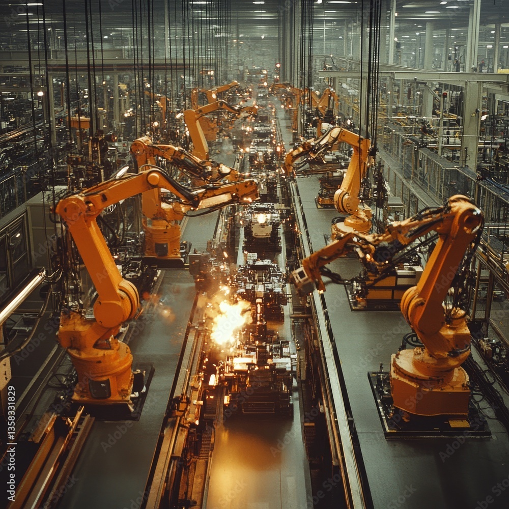 Aufkleber automated welding line: robots spark production in a large factory setting, conveying car parts thro