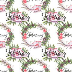 Watercolor seamless pattern with circle frame figure skates and fir tree with pine cone on white background. Grapefruit and lettering February. Art for winter celebration. Wrapping or wallpaper