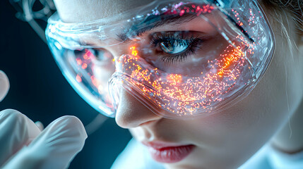 A scientist wearing futuristic goggles glowing with light examining something. This could be used for a tech company advertisement. 