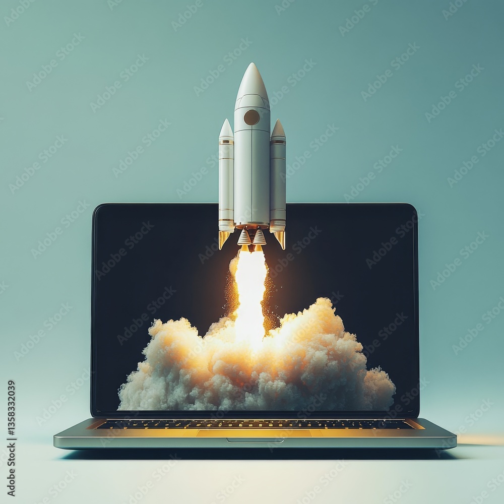 Poster conceptual rocket launch from laptop display, representing innovation and rapid digital growth