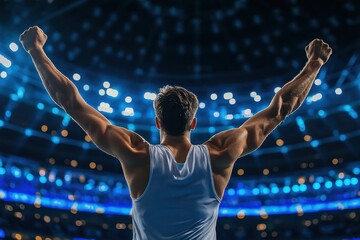 Celebrating Athlete with Arms Raised in Victory at Sports Arena
