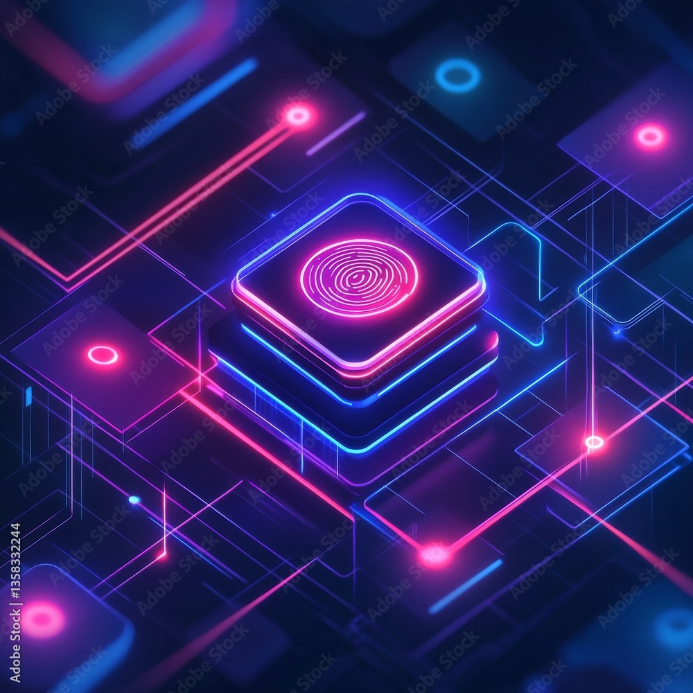 Poster Cyberpunk Fingerprint Security: Abstract Digital Authentication Network with Neon Lights and Geometric Design