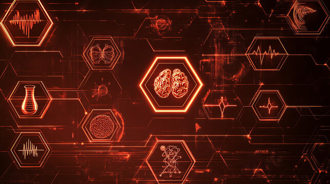 Futuristic digital brain interface with abstract technology symbols.