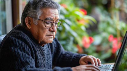Obraz premium An elderly Hispanic man with glasses, sitting at his laptop in the garden.