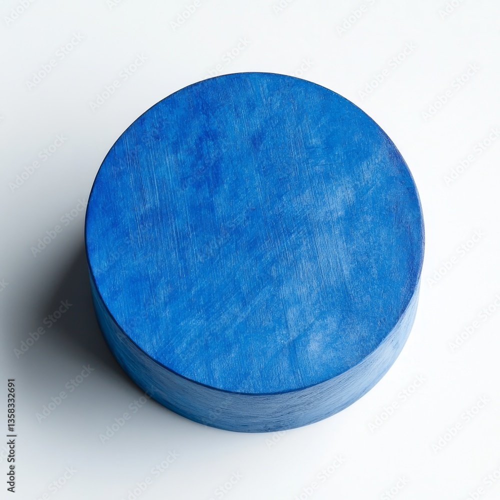 Aufkleber Elevated View of Textured Royal Blue Circular Block on a Plain White Surface, Cast Shadow on Lower Left.