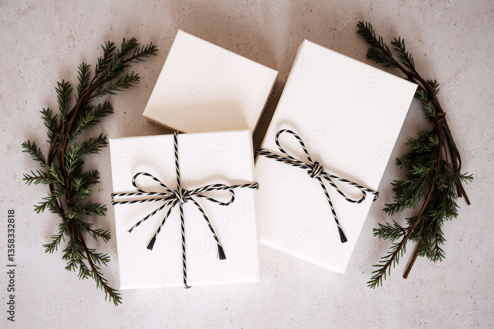 Aufkleber white gift boxes are adorned with string and fresh evergreen branches on a light surface. a simple a
