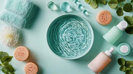 Relaxing spa setup featuring various skincare products on a marble surface with a bowl of water at the center attracting attention