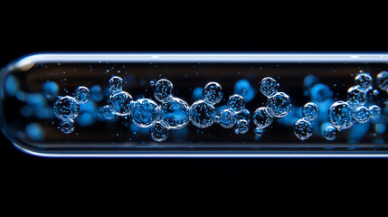 Close-up of bubbles in a test tube under dark background.