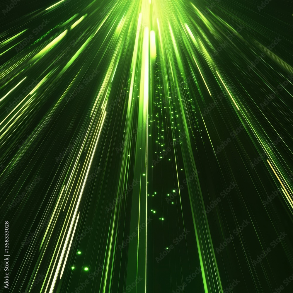 Poster Green Light Streaks Abstract Background With Glowing Particle Effects and Motion Blur creating a futuristic digital art style.