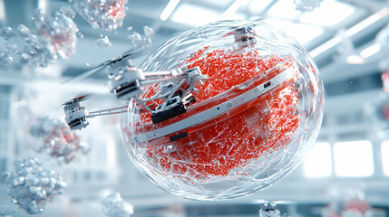 A futuristic drone examines virus particles encased within a glass bubble symbolizing scientific research and disease control. Potential application in medical imaging.