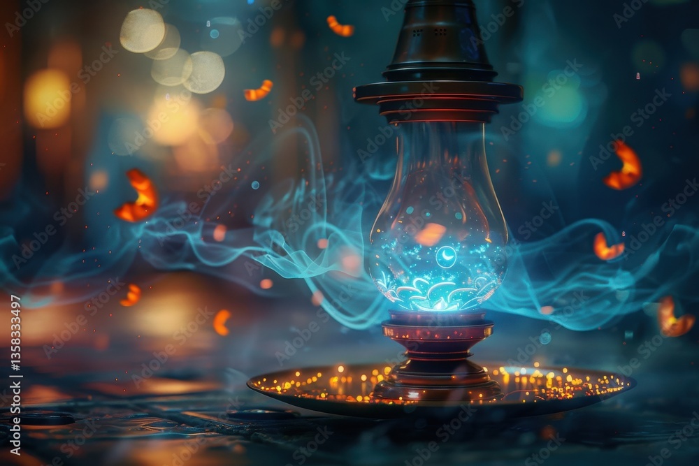 Aufkleber Illuminated lantern with vibrant blue light surrounded by floating bubbles in a mystical setting at night