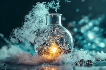 A glowing substance is contained in a glass vial with abstract metal pieces emitting smoke suggesting energy. Use for scientific concepts or futuristic design work.