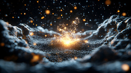 Abstract art depicting a network of light energy emerging from a textured surface. Suitable for tech or data visualization backgrounds or concept art.