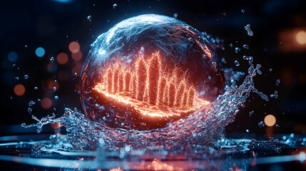 A glowing sphere with energy bursts from water droplets. Perfect for tech sci-fi or abstract visualizations. Could represent data energy or a futuristic concept.