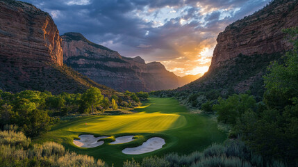 Stunning golf course at sunset with serene fairway and scenic Landscape, Generative AI