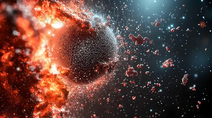 Abstract cosmic scene depicting a celestial sphere with a network design surrounded by fiery explosions and debris. Suitable for sci-fi projects or artistic expression.