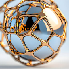 A golden geometric sphere with intricate openwork structure reflecting light. It could be a decorative object or a futuristic design element in an architectural context.