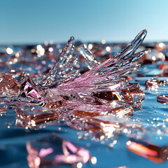A crystalline structure resembling wings shatters. It evokes feelings of fragility beauty and transformation. Suggest using it for fantasy art or product visualization.