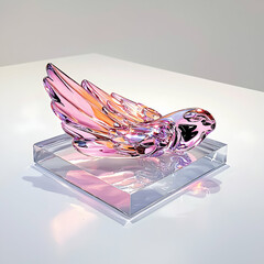 A beautiful glass bird sculpture with pink and orange hues. Ideal for home decor or as a unique gift. Adds elegance and artistic flair.