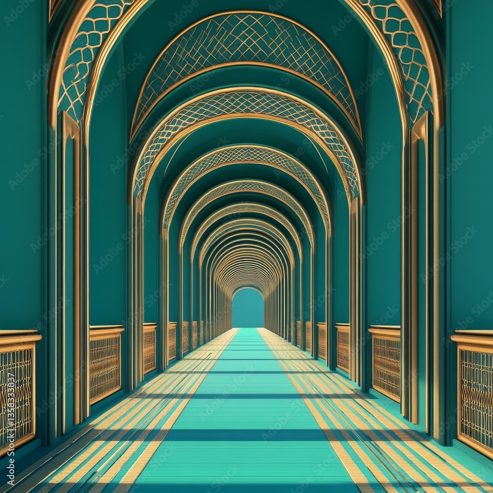 Poster teal and gold architectural corridor: a mesmerizing perspective with ornate archways leading to a di
