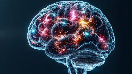 A digital rendering of a human brain with glowing neural pathways showcasing cognitive activity. Ideal for science education or medical presentations.