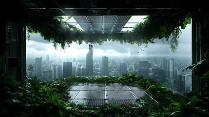 A futuristic cityscape overtaken by nature. Solar panels and vegetation coexist creating a post-apocalyptic green environment. Could be a book cover or concept art.